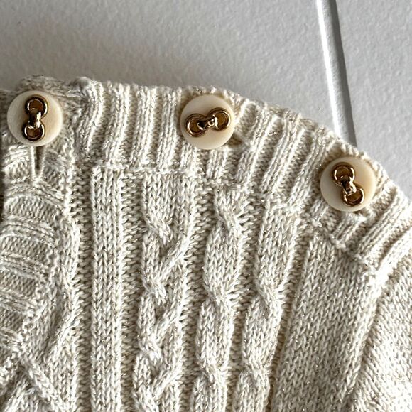 Charter Club Festive Cable Knit Size M Accent Button Metallic Gold Tan Sweater C - Picture 4 of 6